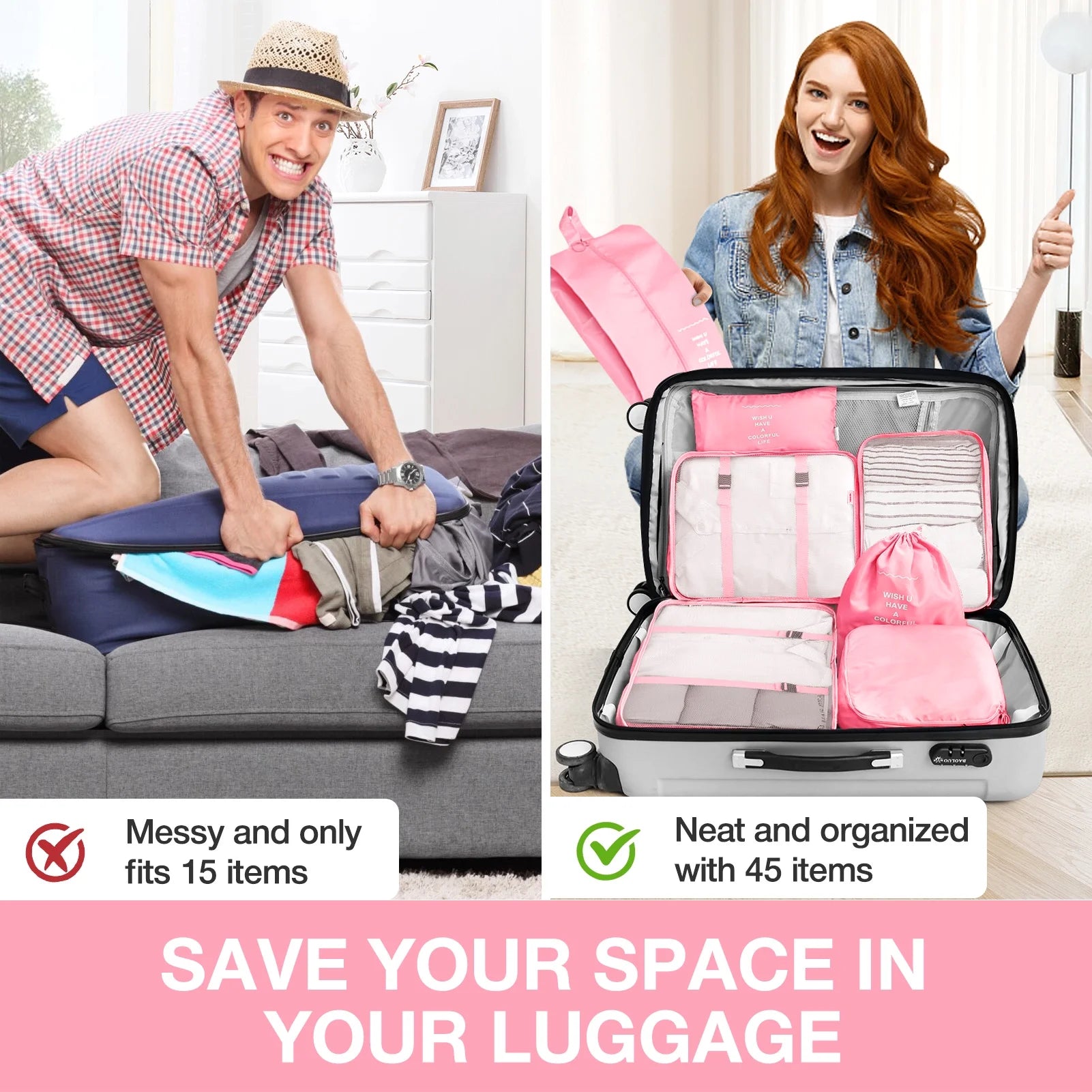 8Pcs Pink Packing Cubes for Luggage , Packing Cubes for Travel Luggage Packing Organizers (Pink)