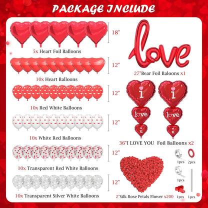 Valentine'S Day Balloons Kit - I Love You Balloons, White Red Heart Balloons, Balloon Pump & Rose Petals for Valentines Day Anniversary Wedding Engagement Decorations Special Night Gift