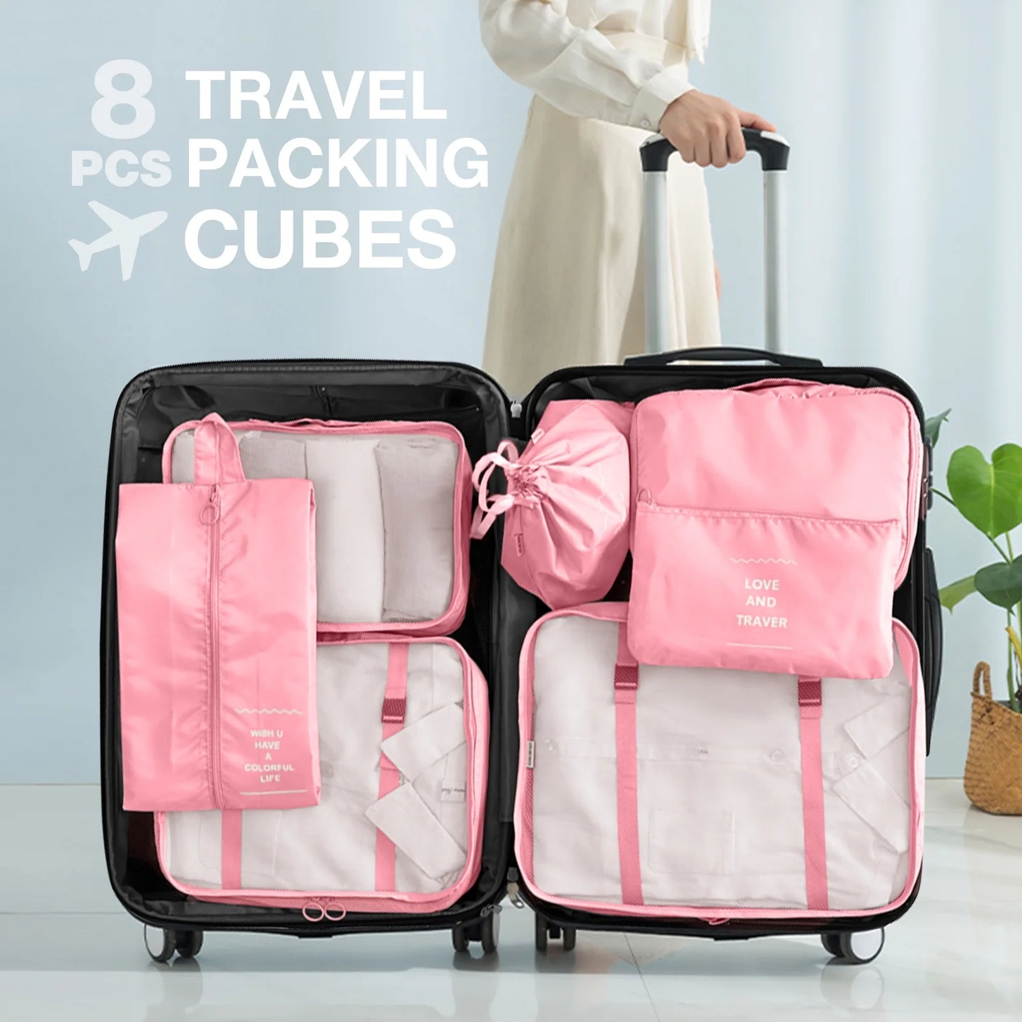 8Pcs Pink Packing Cubes for Luggage , Packing Cubes for Travel Luggage Packing Organizers (Pink)