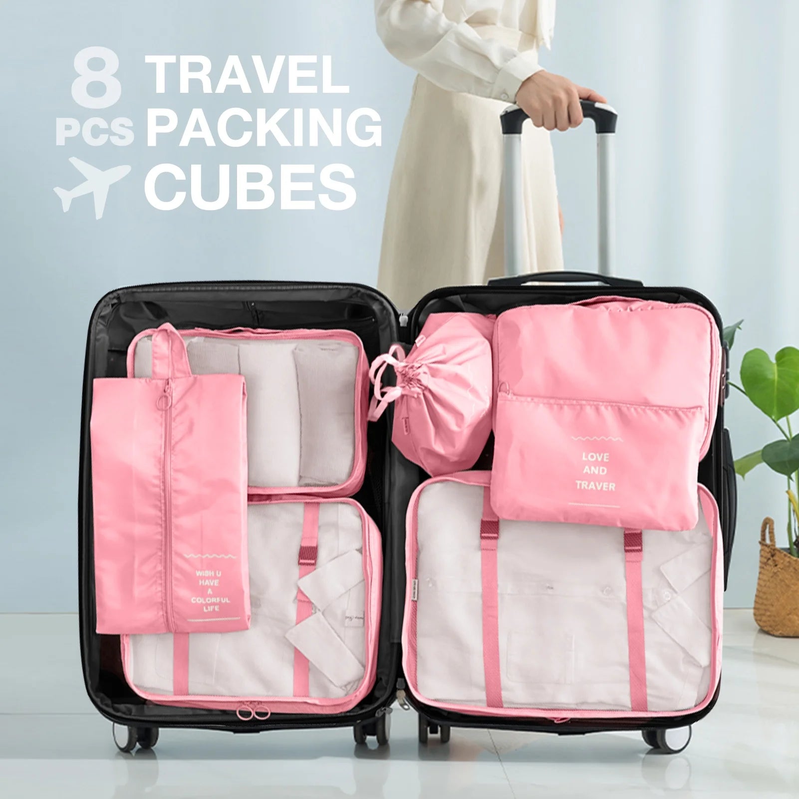 8Pcs Pink Packing Cubes for Luggage , Packing Cubes for Travel Luggage Packing Organizers (Pink)