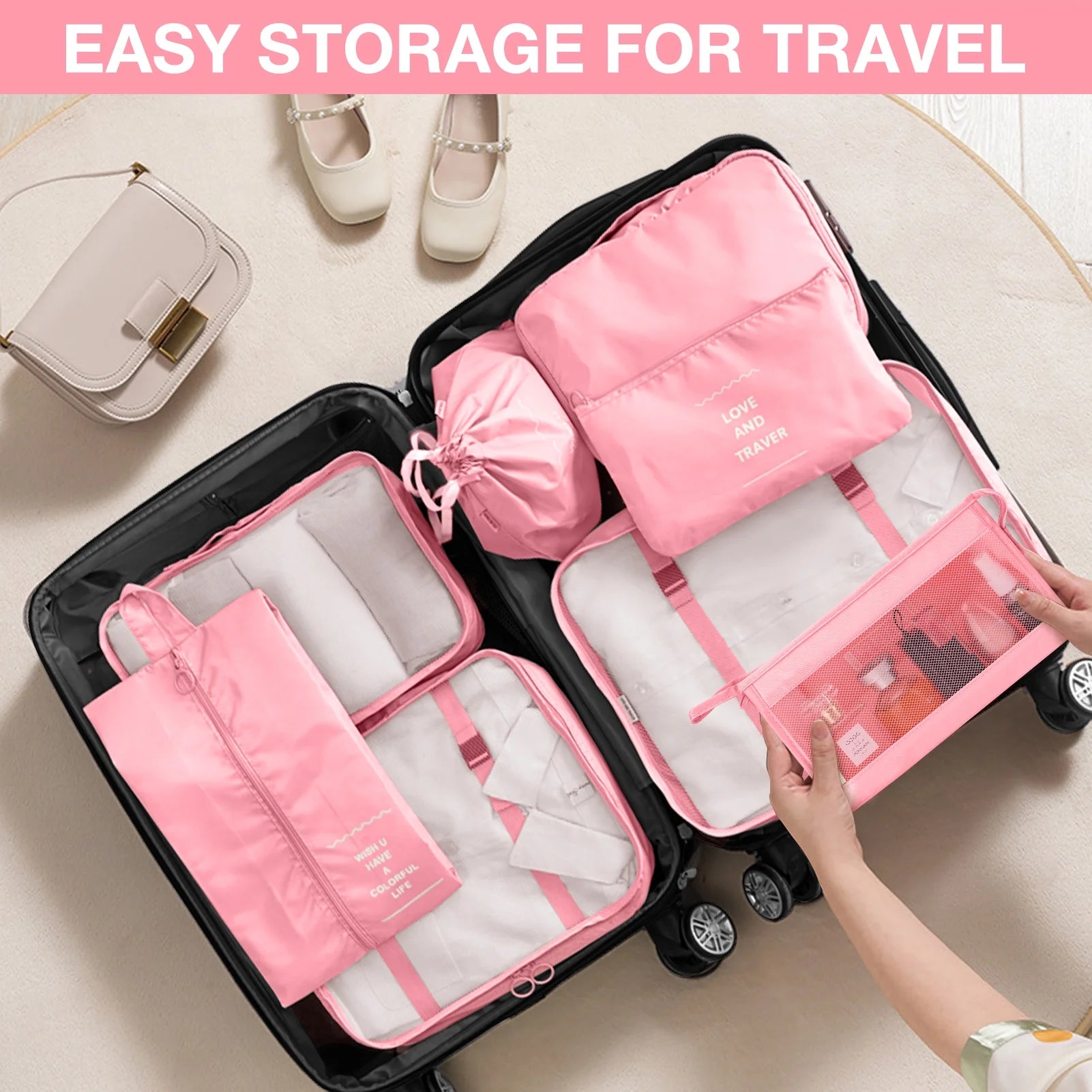 8Pcs Pink Packing Cubes for Luggage , Packing Cubes for Travel Luggage Packing Organizers (Pink)